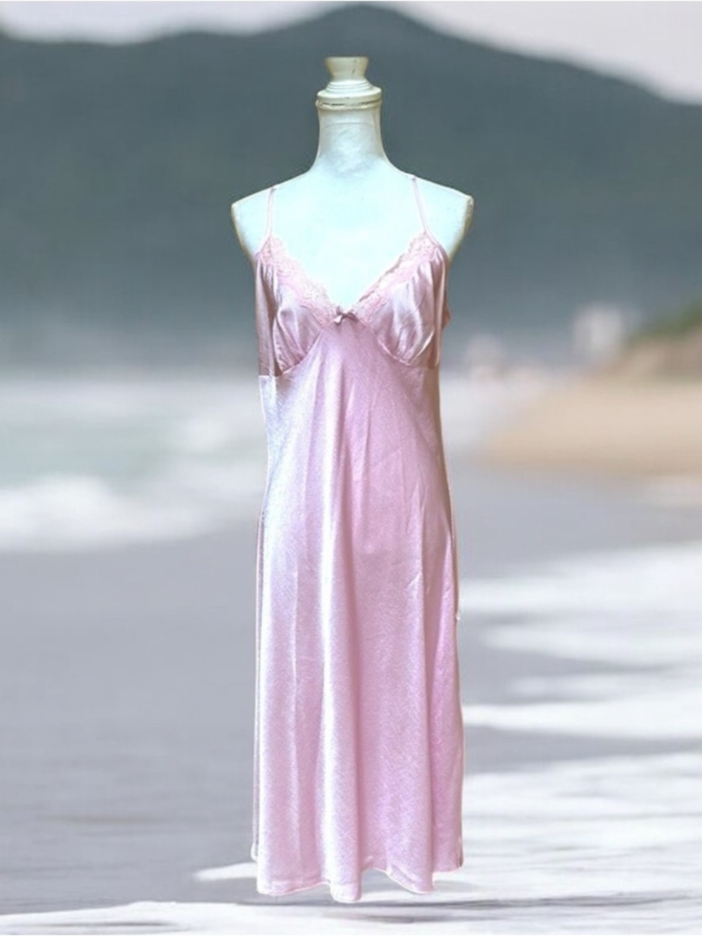 Mystique Intimates Y2K Pink Blush Lace V Neck Lingerie Lounge Maxi Slip Dress XL